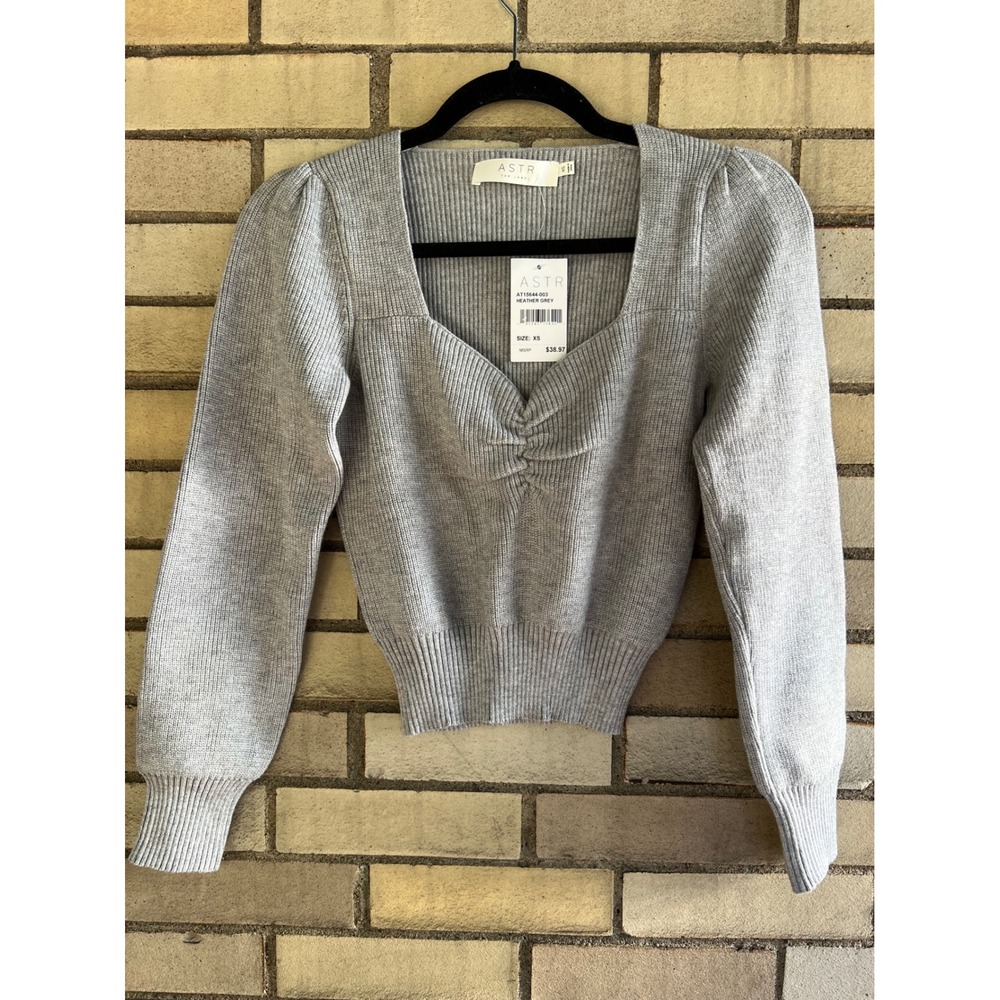 ASTR The Label Grey Ribbed Sweetheart Neck Puff Sleeve Cropped Sweater Sz XS NWT